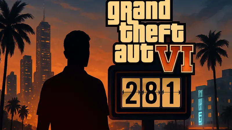 Логотип Grand Theft Auto VI с обратным отсчётом дней до релиза и вехой разработки.