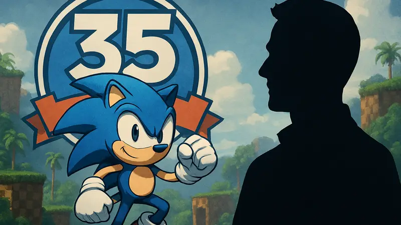 Изображение Соника на фоне логотипа 35-летия с Роджером Крэйгом Смитом.
