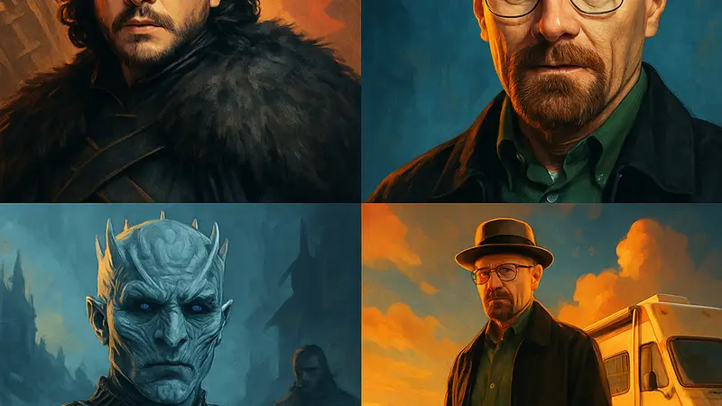 Коллаж из кадров популярных драматических сериалов, таких как "Игра престолов" и "Во все тяжкие", символизирующий амбициозное телевидение.