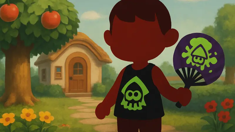 Персонаж Animal Crossing в майке и с веером утива, стилизованными под Splatoon Raiders.