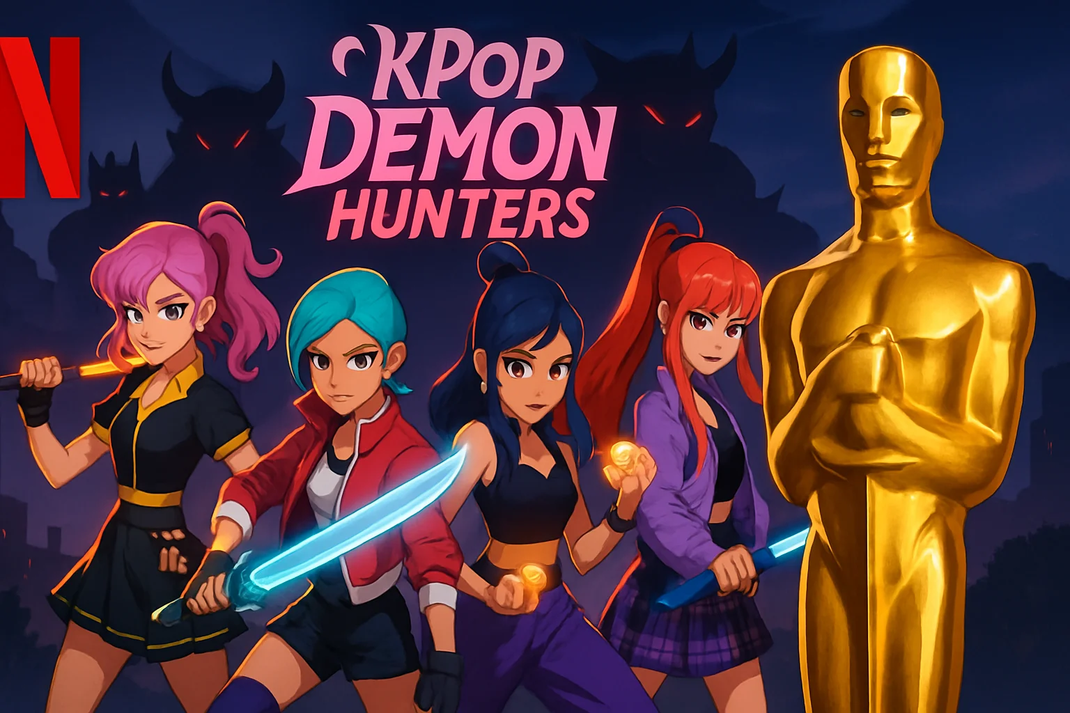 Постер или сцена из анимационного фильма «KPop Demon Hunters» с логотипом Netflix и символикой «Оскара».