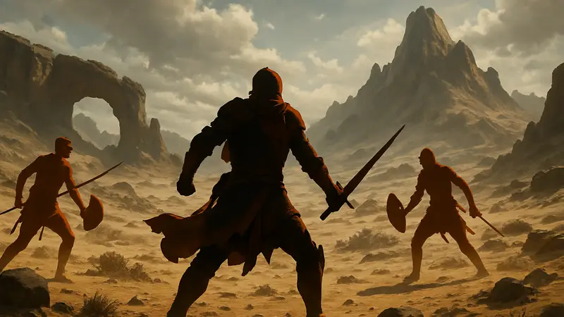 Кадр из Crimson Desert: эпическая сцена боя или исследования пустыни с персонажами в доспехах.