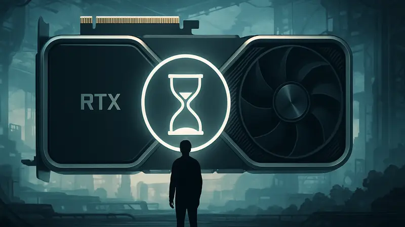 Изображение видеокарты Nvidia RTX в футуристичном дизайне, символизирующее задержку релизов.