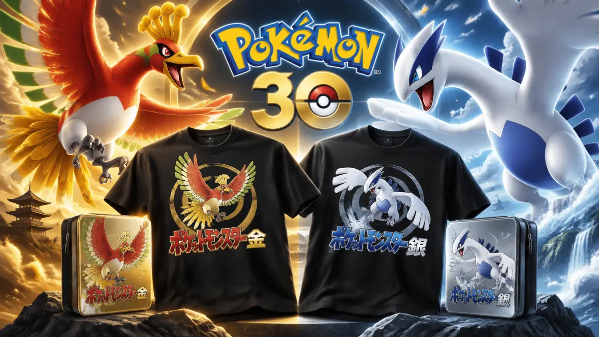 Ho-Oh и Lugia над чёрными футболками Pokémon Gold и Silver с японскими логотипами к 30-летию Pokémon