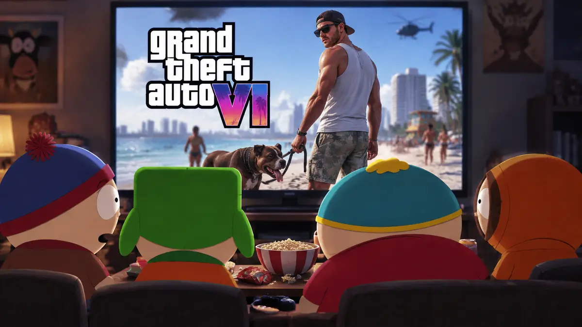Персонажи «Южного парка» за столом смотрят на экран, где герой GTA 6 Джейсон стоит на пляже с собакой