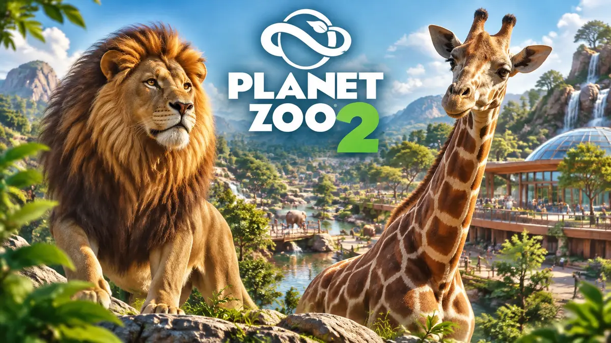 Лев и жираф на фоне ярко-зелёного заповедника с вольерами в стиле Planet Zoo 2, логотип игры сверху
