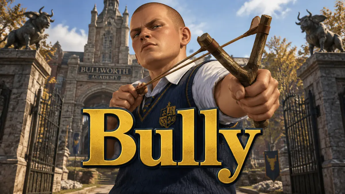 Джимми Хопкинс в школьной форме с рогаткой в руках на фоне академии Bullworth в Bully