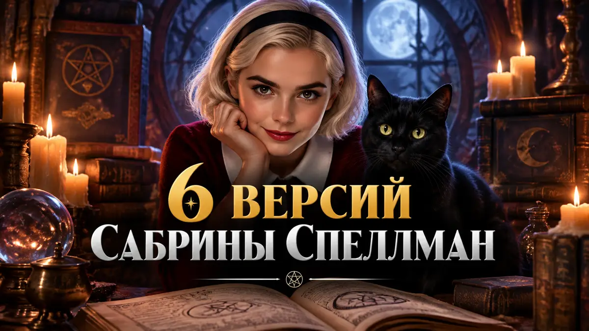 Сабрина Спеллман, юная ведьма, с чёрным котом Салемом на фоне колдовских книг и свечей, постер