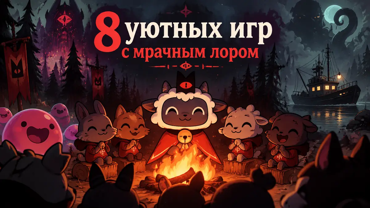 Ягнёнок из Cult of the Lamb у костра с милыми последователями, мрачный лес в тумане, уютные игры