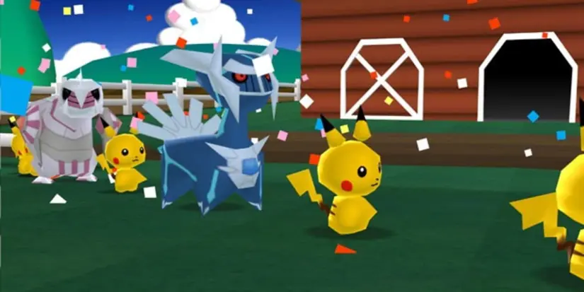 A line of Pikachu with a Dialga and a Palkia in front of a barn in 'My Pokemon Ranch'