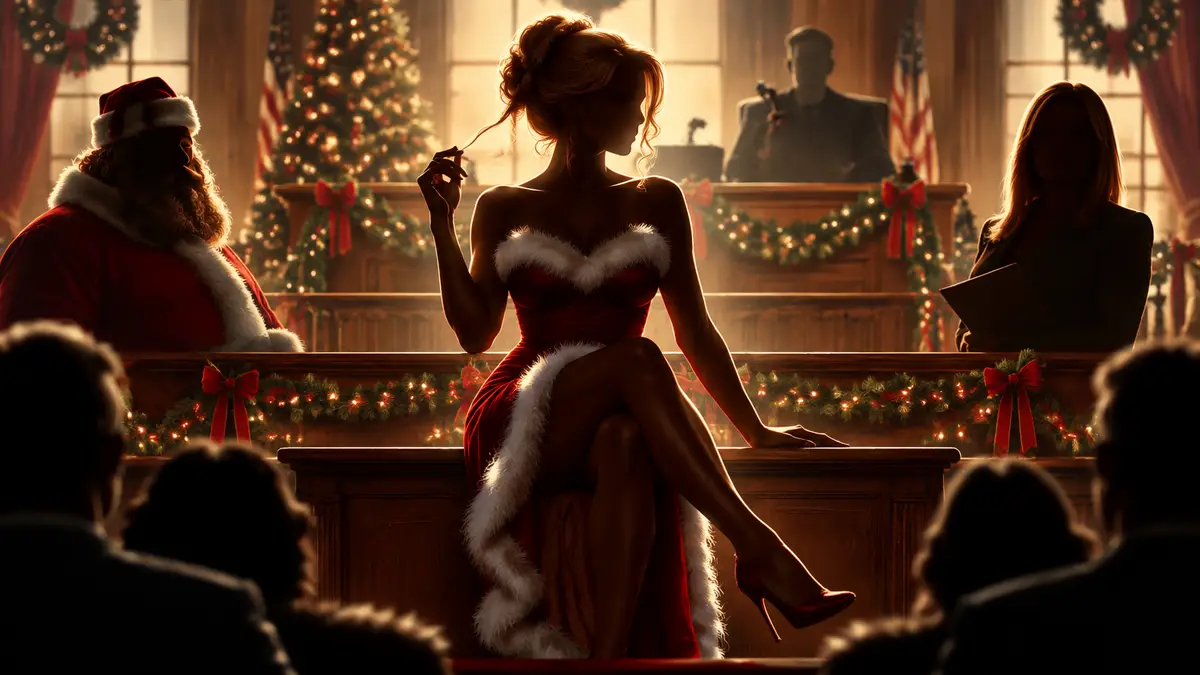 Постер комедии Naughty: Самара Уивинг в праздничном платье на фоне зала суда с ёлкой и гирляндами