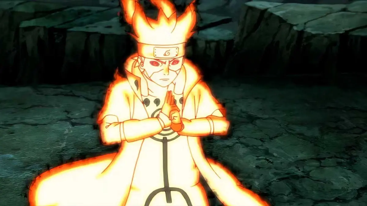 Naruto with his hands clapsed together to perform a jutsu while in Kurama Chakra Mode 2 in Naruto Shipuuden.