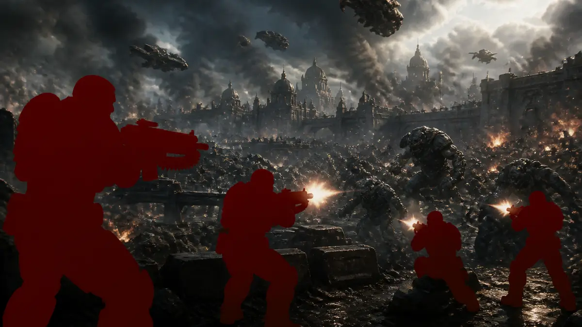 Персонажи шутера Gears of War E-Day во время масштабного сражения