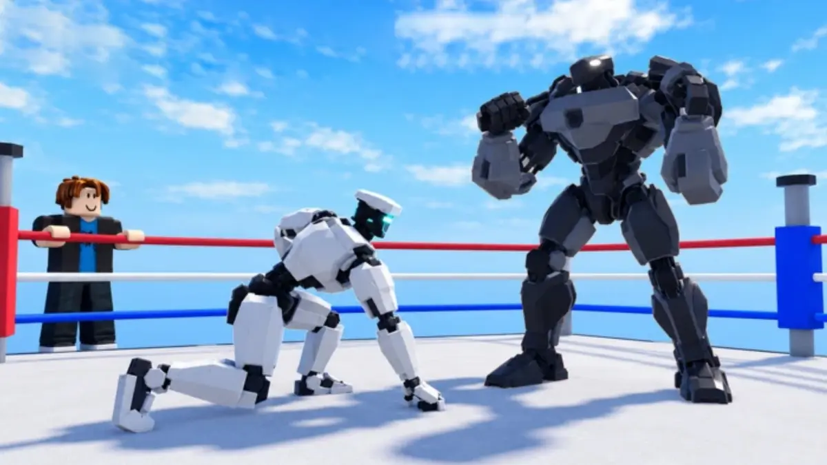 Artwork for the Roblox game Ragdoll Robot Boxing, which shows a Roblox character standing by a boxing ring with two robots fighting in it. One of the robots is resting on one knee after getting knocke