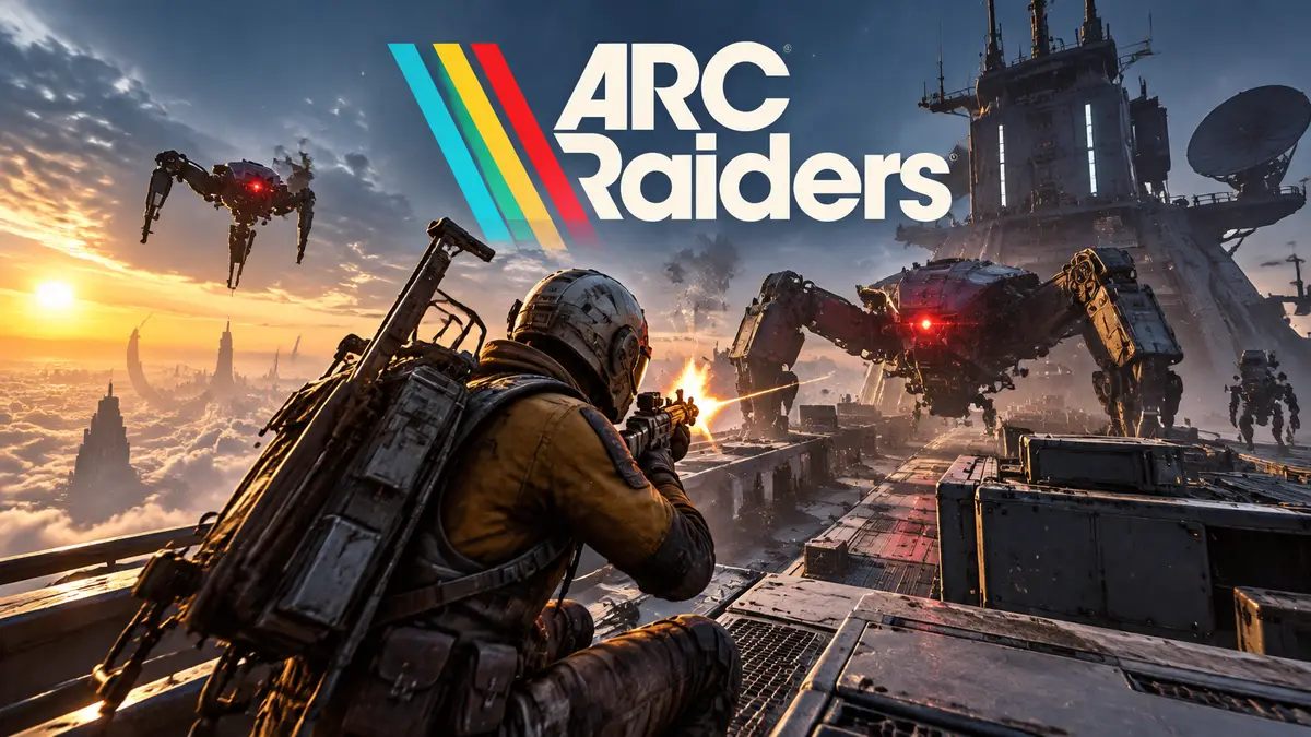 Боец на вершине фрегата сражается против роботов в игре ARC Raiders