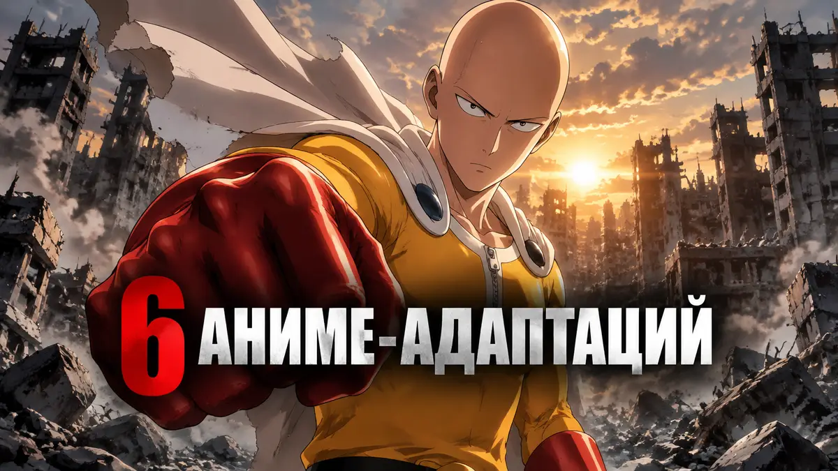 Сайтама из аниме One Punch Man на фоне разрушенного города