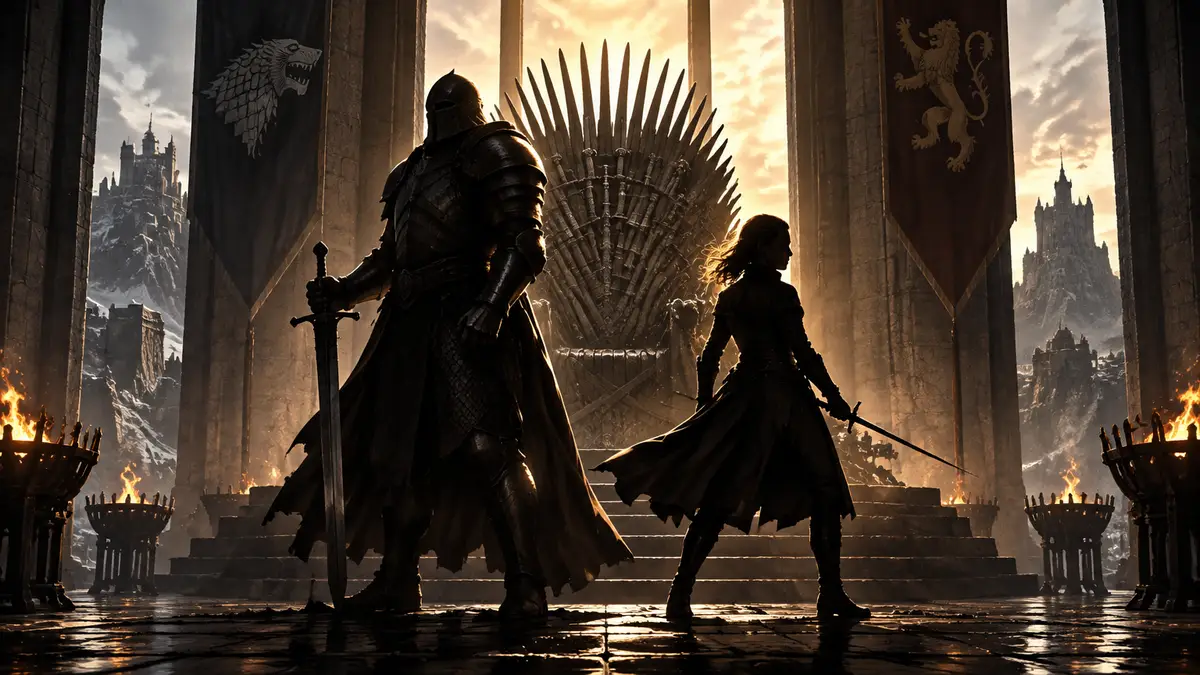 Гора в латах и Арья Старк с мечом у Железного трона, key art Game of Thrones: War for Westeros
