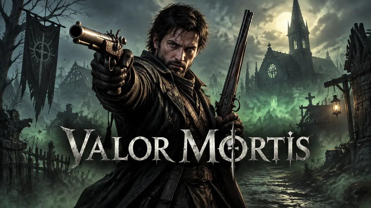 Солдат William с пистолетом и мушкетоном на фоне мрачной разрушенной деревни Valor Mortis в ядовитом тумане