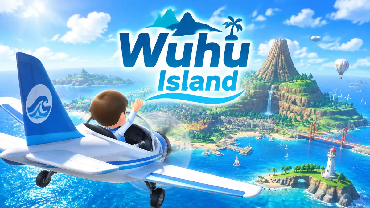 Самолет летит над курортным островом Wuhu Island в стиле Nintendo Switch Sports Resort
