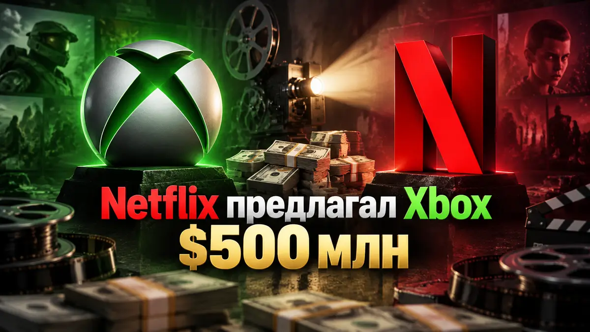 Логотип Xbox и логотип Netflix друг напротив друга на фоне кинопроектора и стопки долларов, постер