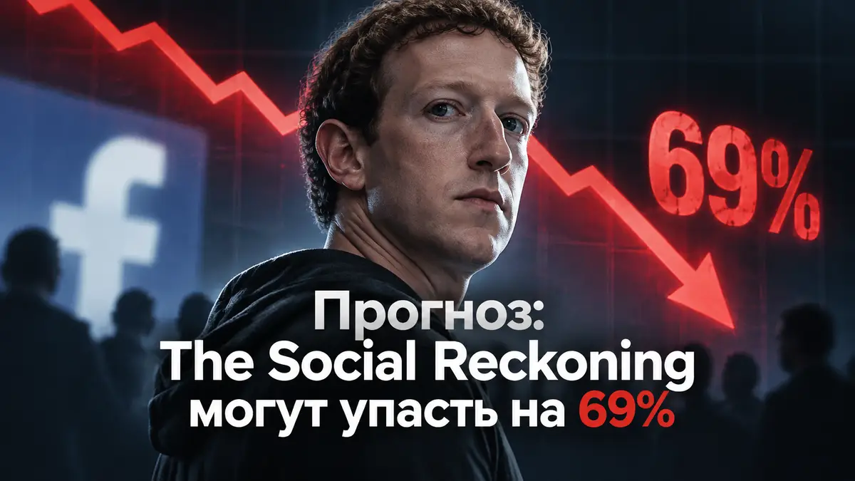 Джереми Стронг в образе Марка Цукерберга на постере The Social Reckoning, на фоне падающего графика сборов
