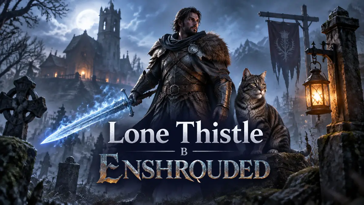 Воин с ледяным мечом Hailscourge у фонаря на туманном кладбище деревни Lone Thistle, Enshrouded