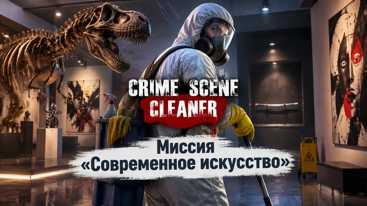 Уборщик в защитном костюме среди скелета T-Rex и картин в музее современного искусства Crime Scene Cleaner