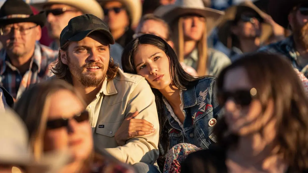 Luke Grimes as Kayce Dutton and Kelsey Asbille as Monica in Yellowstone season 3