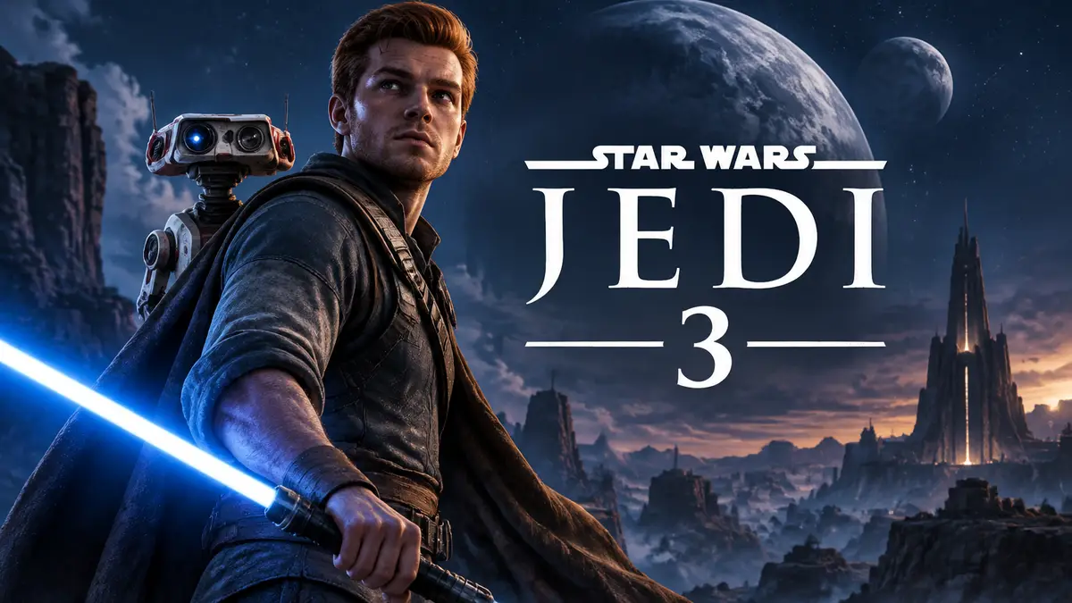 Кэл Кестис с синим световым мечом и дроид BD-1 под ночным небом, постер Star Wars Jedi 3 в стиле EA