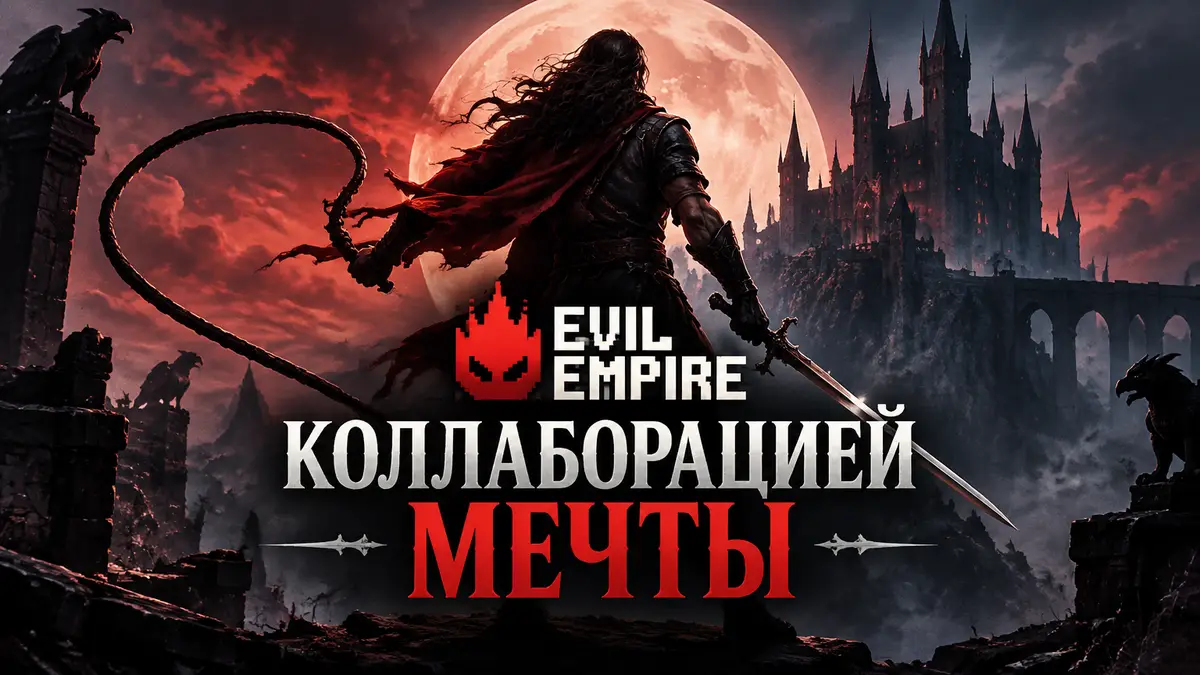 Силуэт рыцаря с хлыстом и мечом на фоне готического замка, логотип студии Evil Empire в пиксельном стиле