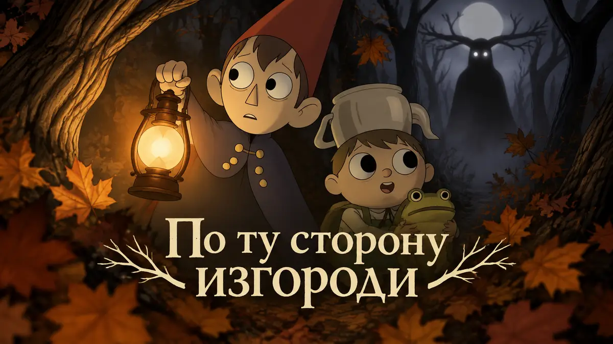 Вирт в остроконечном колпаке и Грег с лягушкой у фонаря в осеннем лесу «По ту сторону изгороди»