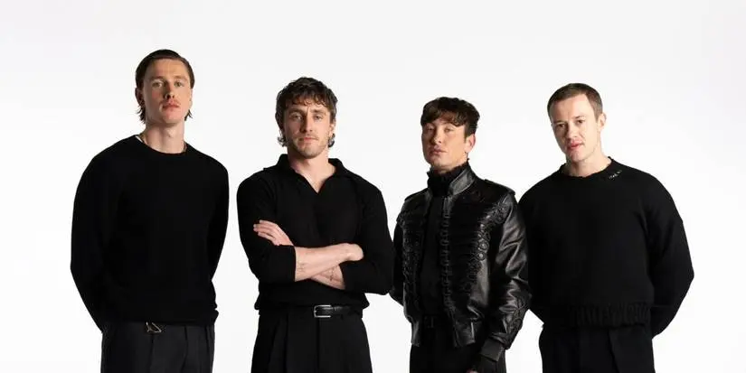 Harris Dickinson, Paul Mescal, Barry Keoghan, and Joseph Quinn assembled against a white backdrop for the Beatles movie promotion