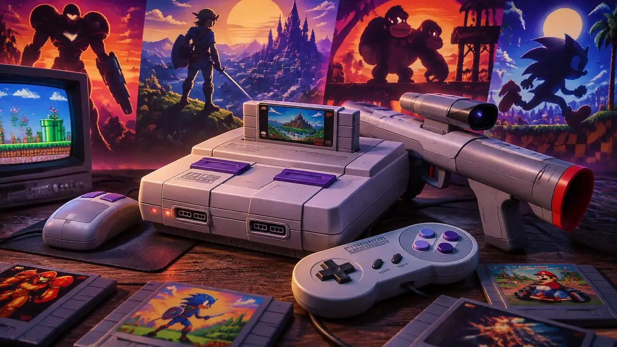 Классическая консоль SNES в центре с мышью и световым пистолетом Super Scope, ретро-постер игр 90-х