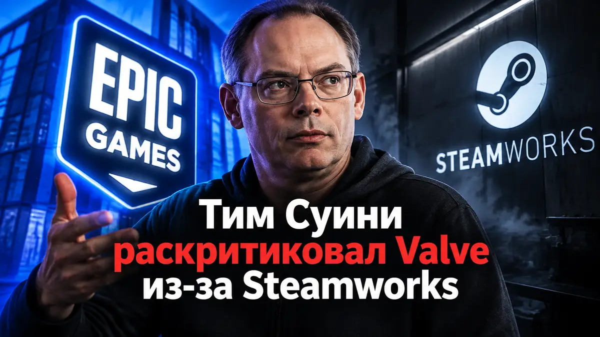 Тим Суини на фоне неоновых логотипов Epic Games и сервиса Steamworks