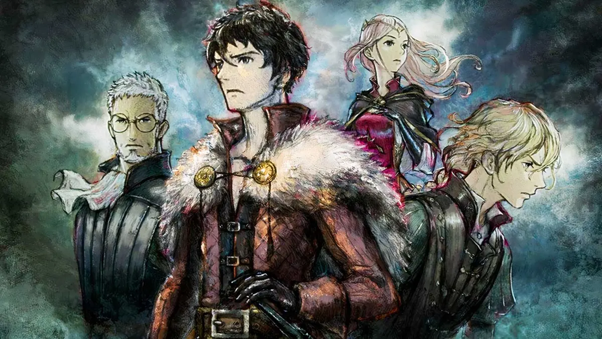 Serenoa holding his blade while standing in front of three of the other important characters in Triangle Strategy