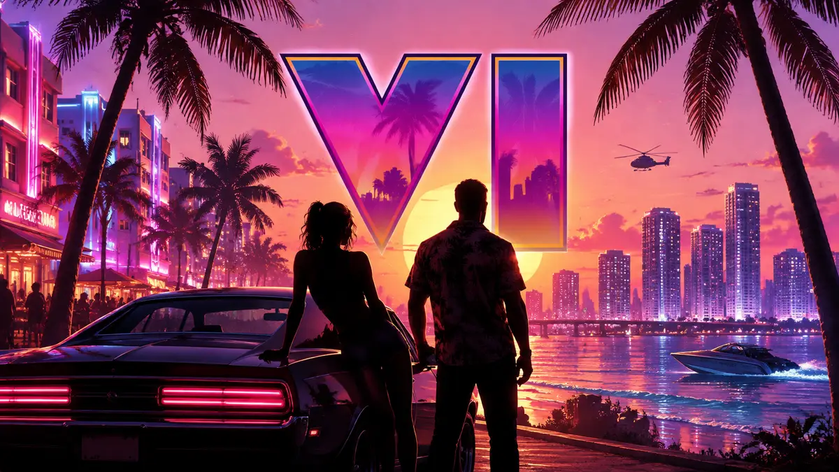 Солнечный неоновый Майами в стиле GTA 6 с пальмами и океаном, над ним логотип Grand Theft Auto VI