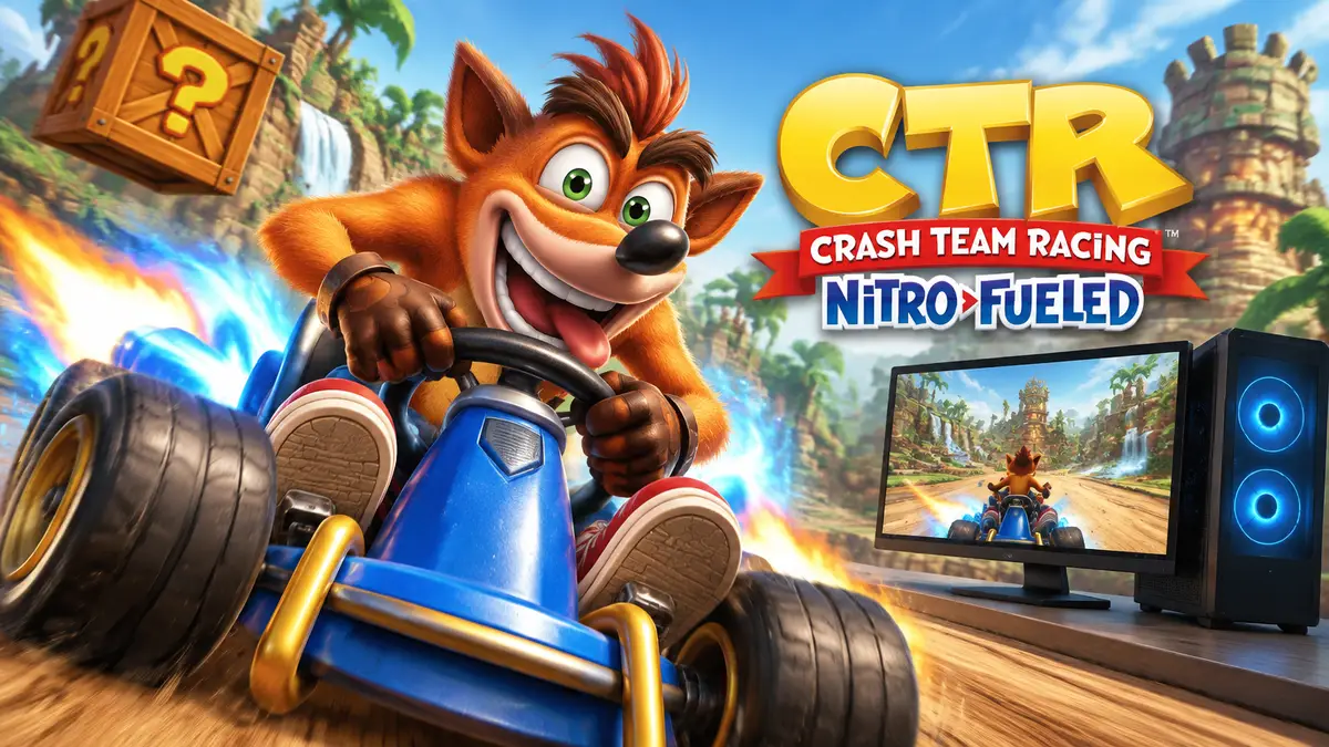 Крэш Бандикут несётся на гоночном карте с нитро-ускорением, логотип Crash Team Racing Nitro-Fueled и монитор ПК
