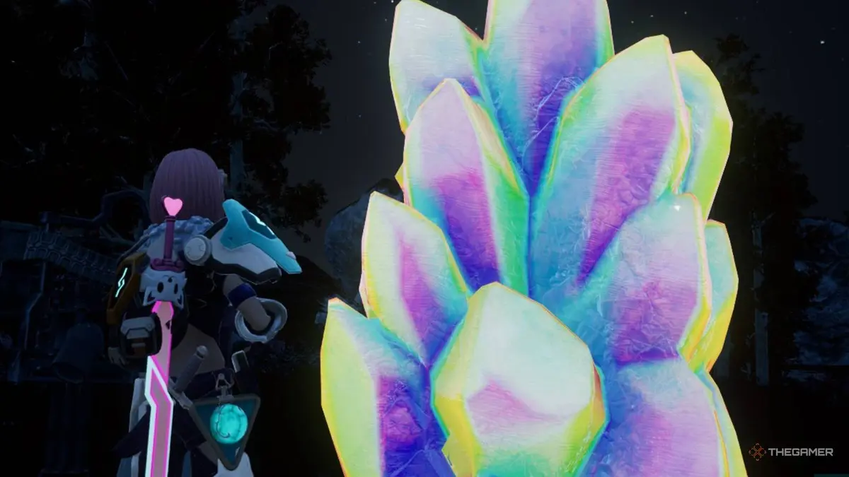 The player is standing in front of Hexolite Quartz node in Palworld.