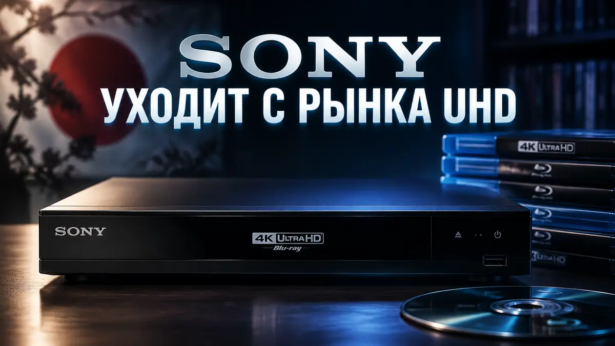 Черный 4K UHD Blu-ray плеер Sony в центре, рядом стопка дисков Blu-ray в мягком свете на темном фоне