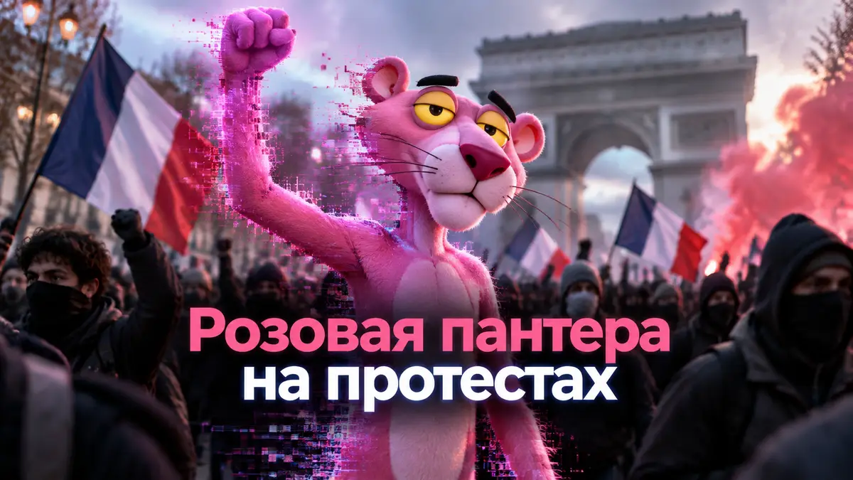 Розовая пантера в толпе протестующих на улице Франции, сквозь фигуру проступает цифровой ИИ-шум