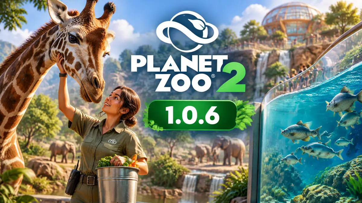 Planet Zoo 2: смотритель с жирафом и стаей рыб у стеклянного аквариума в солнечном зоопарке, логотип игры