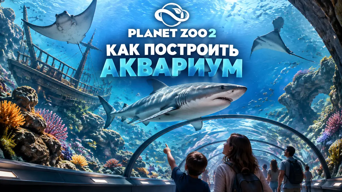 Аквариум Planet Zoo 2 с акулой и скатами, затонувший корабль, кораллы и подводный туннель с гостями
