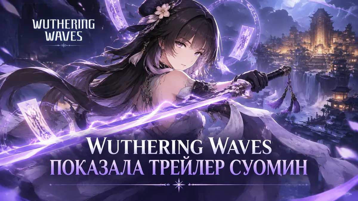 Суомин из Wuthering Waves с электрическим мечом и сияющими печатями на фоне Хуатина и логотипа игры