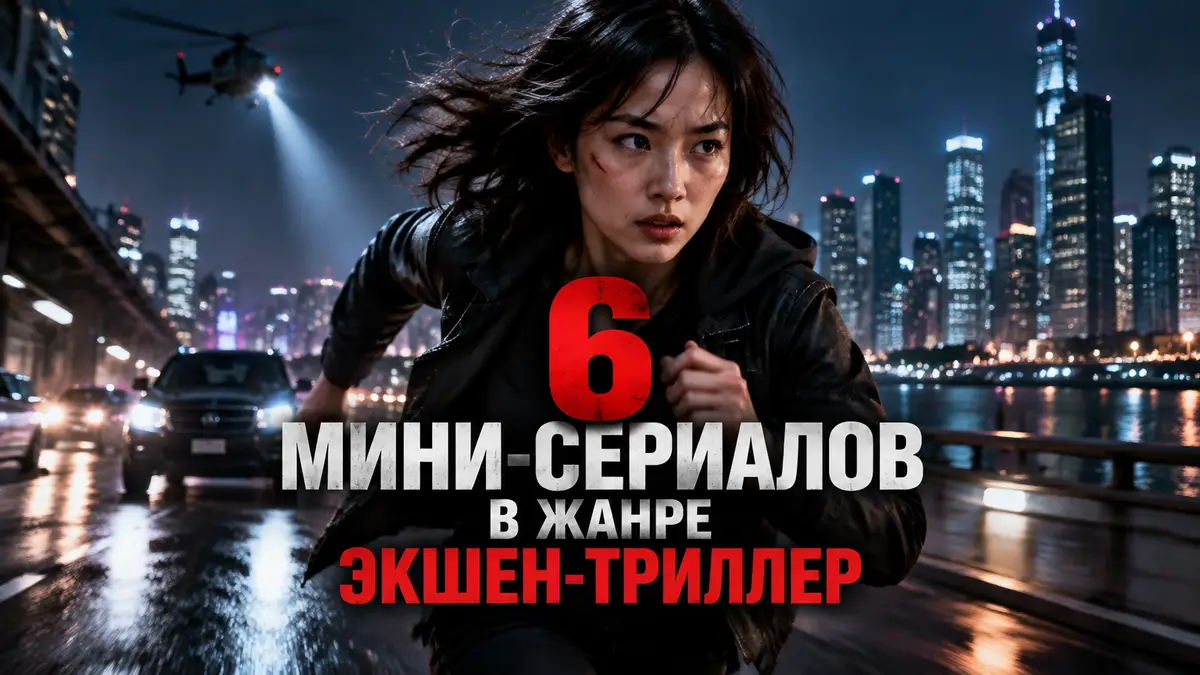 Постер мини-сериалов в жанре экшен-триллер: решительная героиня в бегах на фоне ночного города
