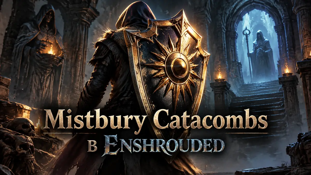 Легендарный щит Pikemead's Bulwark в мрачной гробнице Mistbury Catacombs, key art в стиле Enshrouded