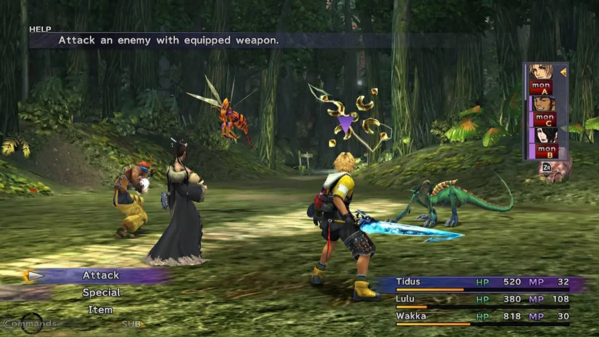 Fighting a forest battle in Final Fantasy 10 (2001)
