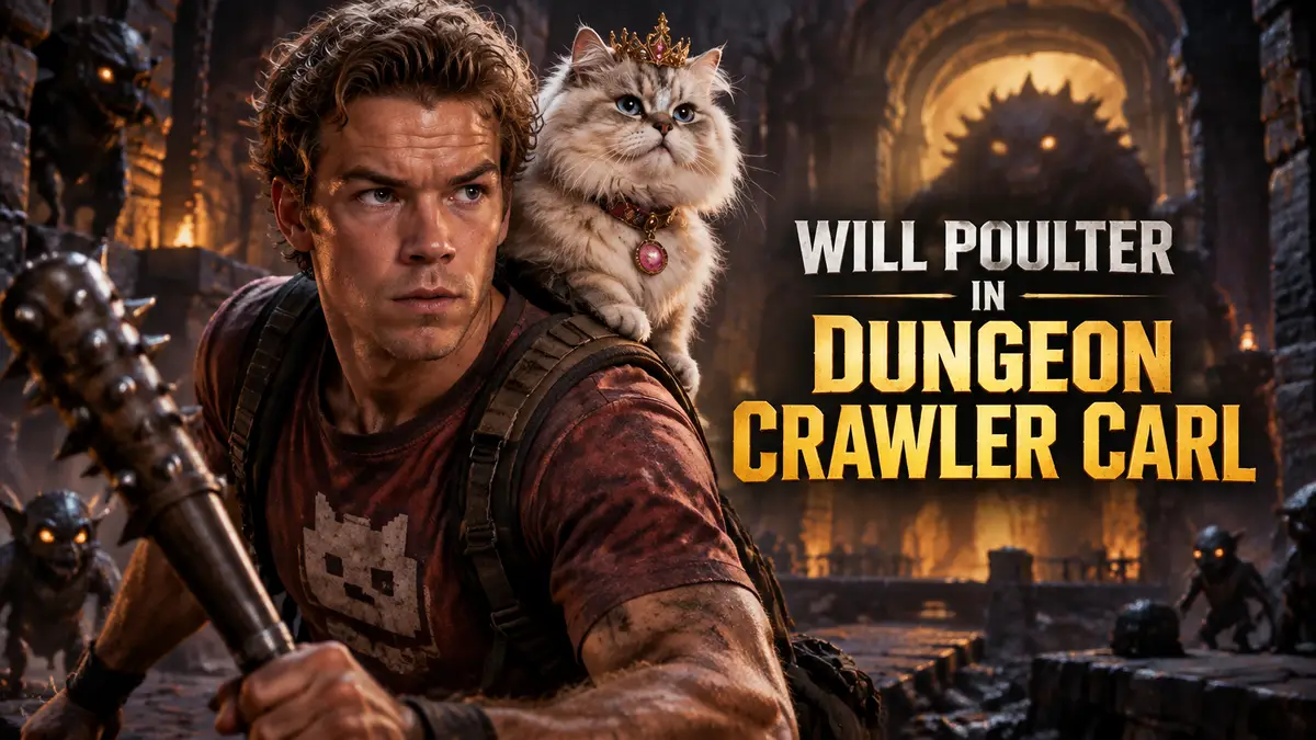Уилл Поултер в образе Карла из Dungeon Crawler Carl с кошкой Princess Donut на плече в мрачном подземелье