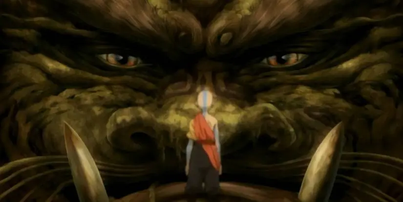 Aang faces the lion turtle.