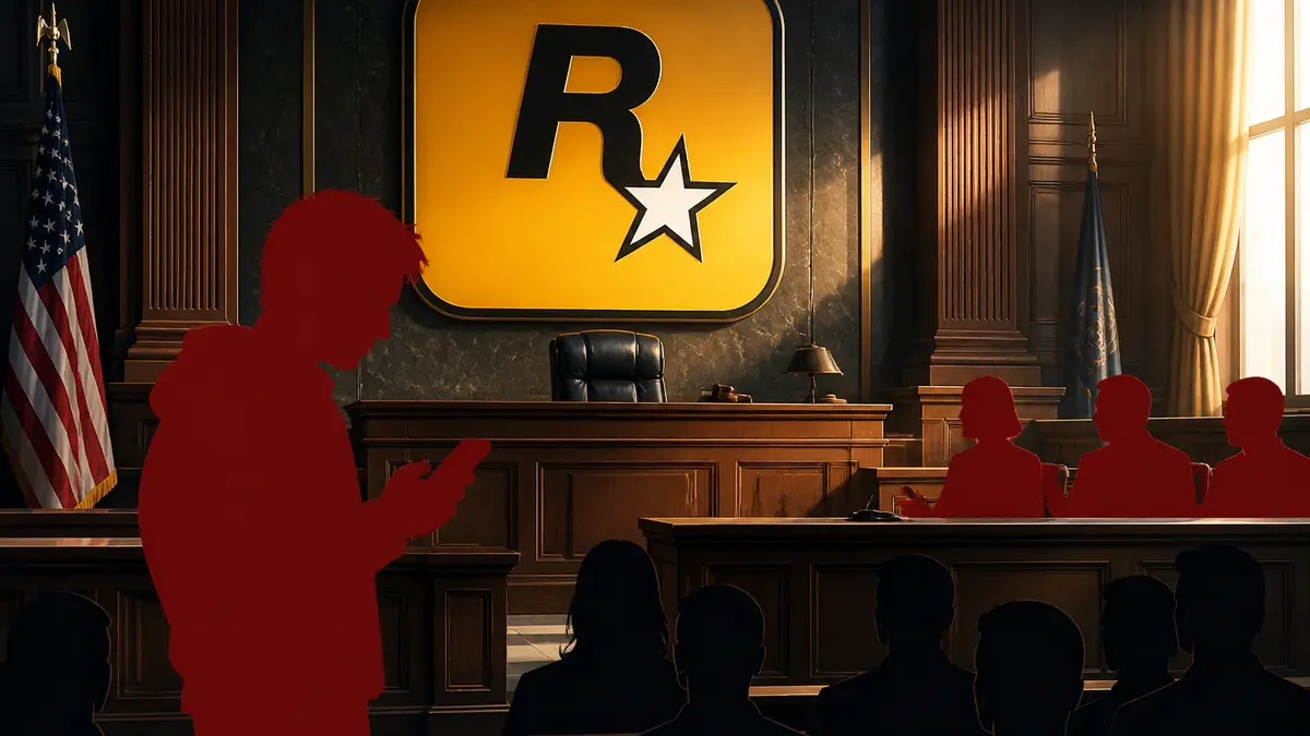 Логотип компании Rockstar Games на фоне зала судебных заседаний
