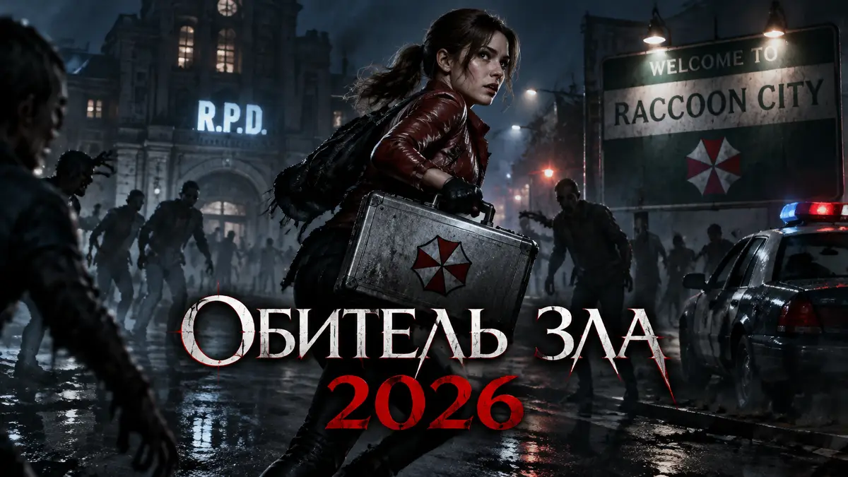 Курьер с кейсом на тёмной улице Раккун-Сити среди силуэтов зомби, постер фильма «Обитель зла» 2026